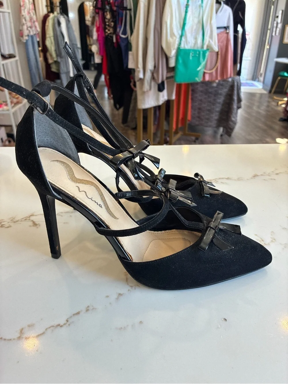 Nina Black T-Strap Pointed Toe Heels with Bow Accents